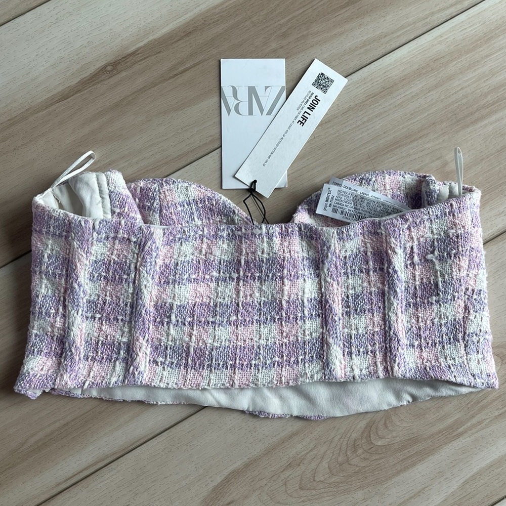 ZARA Tweed Bustier Corset Sweetheart Crop Top - Picture 7 of 8